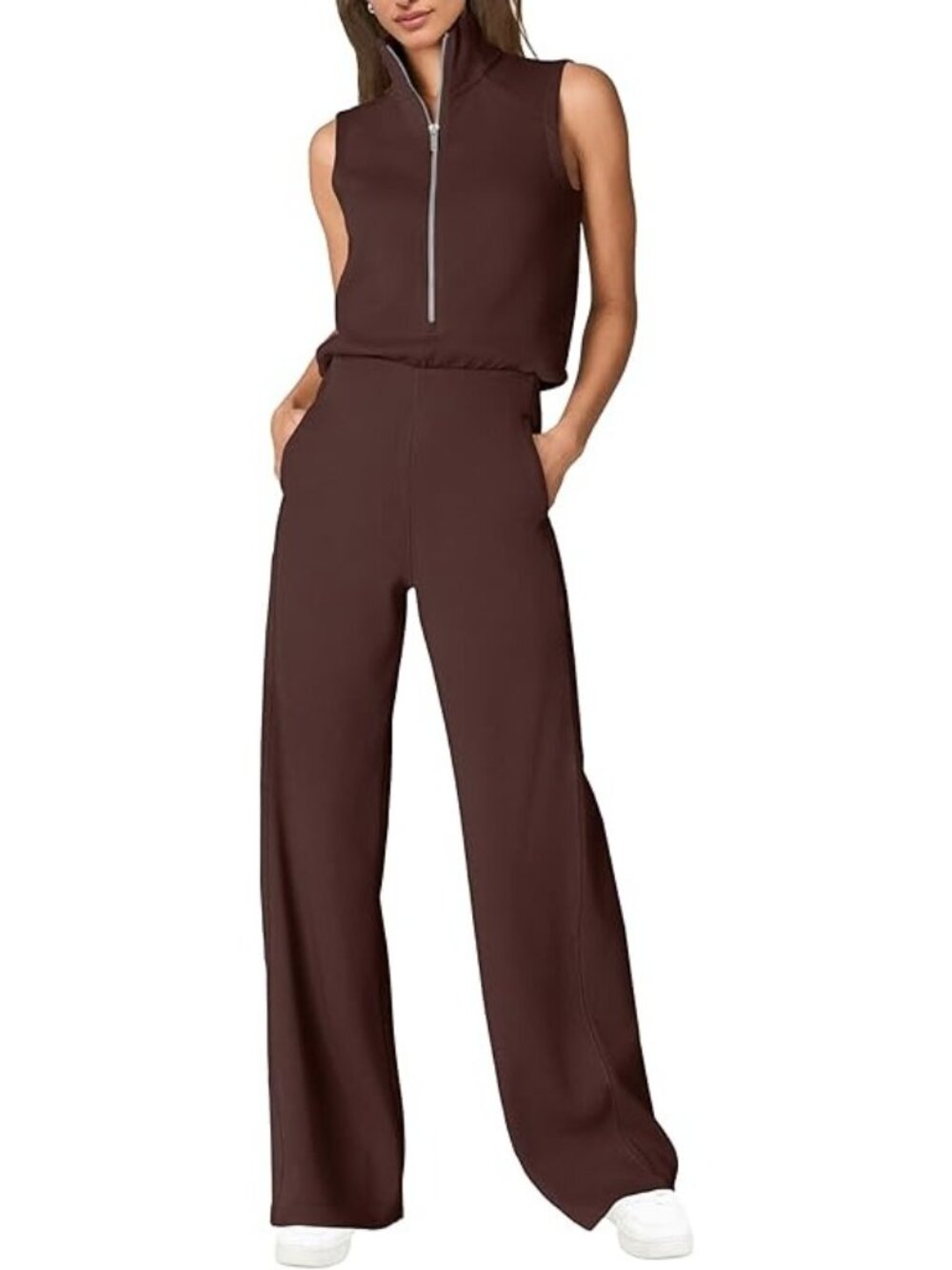 Sleeveless Brown Women's One-Piece Jumpsuit with Zippered Front & Wide-Leg Pants